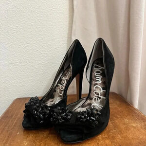 Sam Edelman Lorna Womens Size 6 Black Suede Peep Toe Heels‎ Rhinestone Bow Stud